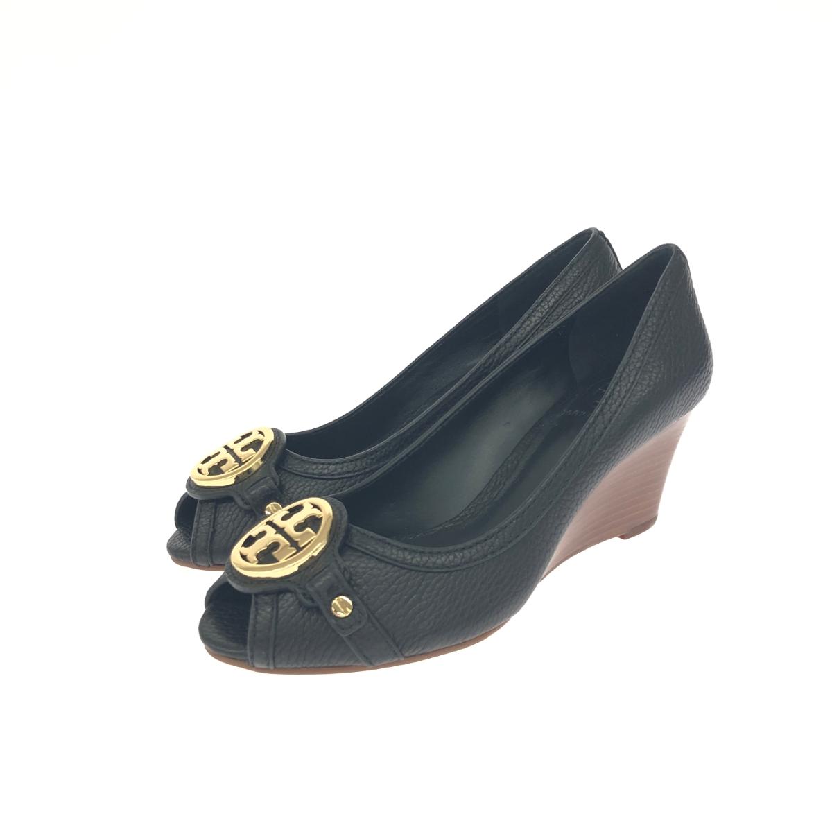 TORYBURCH トリーバーチ オープントゥパンプス 美品 表記サイズ:7 ウェッジソール/ロゴ金具 ブラック レディース【中古】