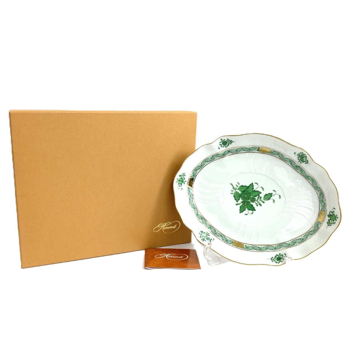 Herend ヘレンド オーバルディッシュ/アポニーグリーン 新品負けず劣らず  26.5cm×21珊    白いこと ユニ一発やる【中古】