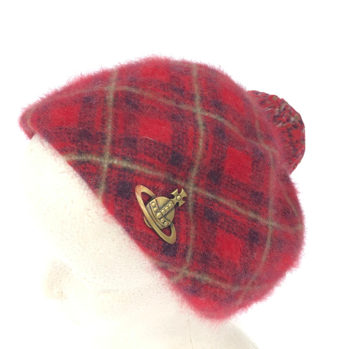 Vivienne Westwood ヴィヴィアンウエストウッド ベレー帽/帽子 S-M オーブ金具/タータンチェック/アンゴラ×ウール レッド レディース【中古】