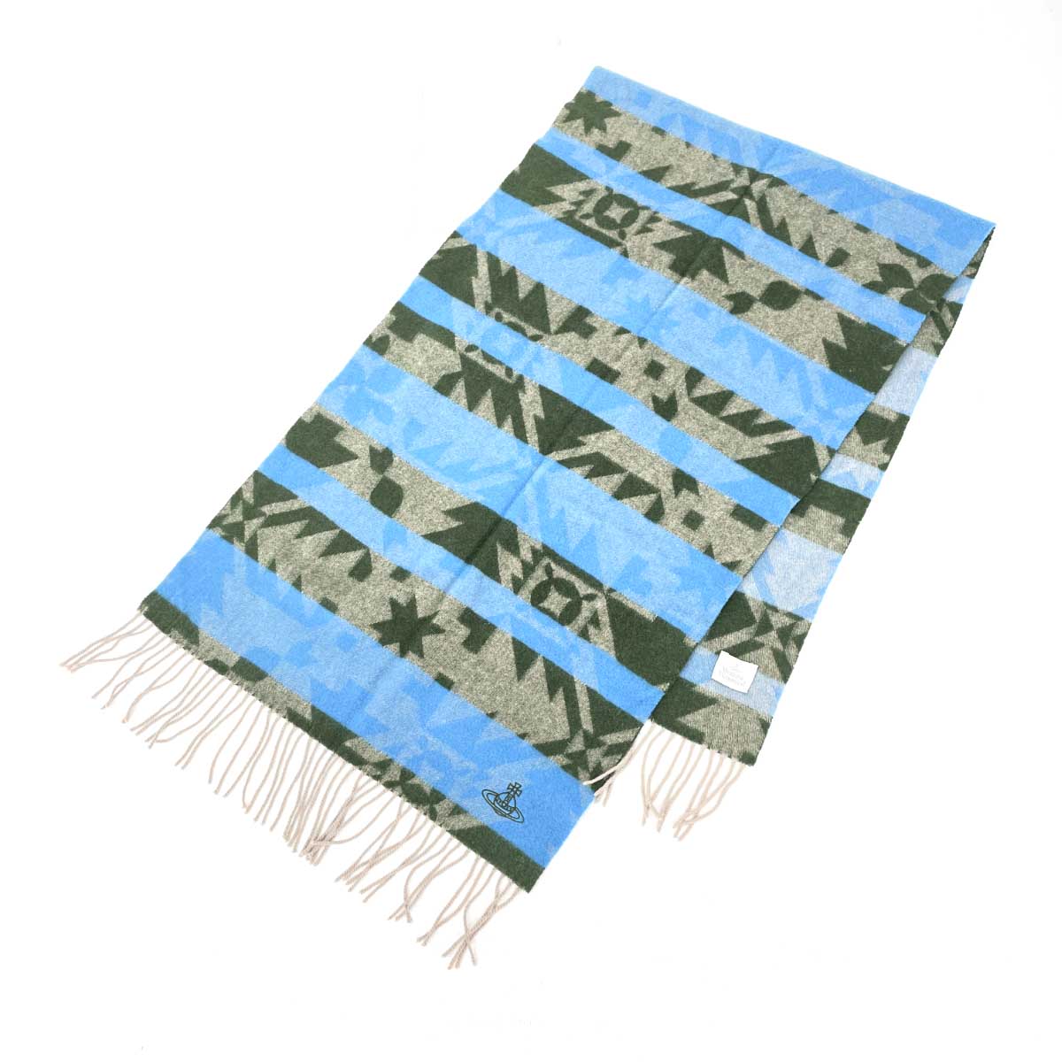 Vivienne Westwood ヴィヴィアンウエストウッド 大判マフラー 良好 ネイティブ柄 グリーン×ブルー ユニセックス【中古】