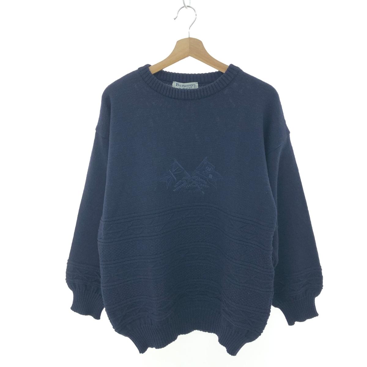 Burberry's バーバリーズ 刺繍ニット サイズ:42 ヴィンテージ/長袖セーター ウール100% ネイビー メンズ【中古】
