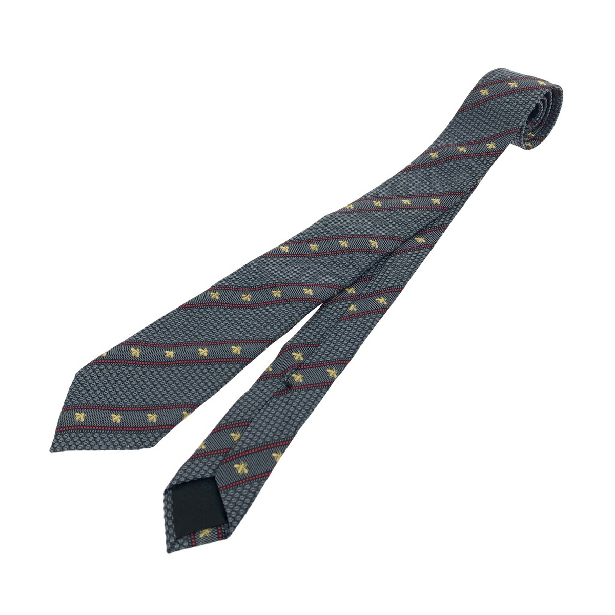 GUCCI グッチ ナロータイ 美品 ビーウェブ/レジメンタル柄/シルク 451528 シルク100％ グレー メンズ【中古】