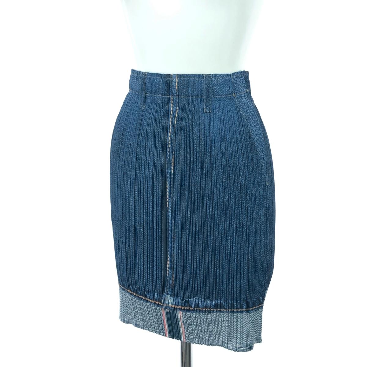 PLEATS PLEASE プリーツプリーズ プリーツスカート 良好 サイズ:3 デニム転写プリント/ミニスカート PP02-JG702 ブルー レディース【中古】