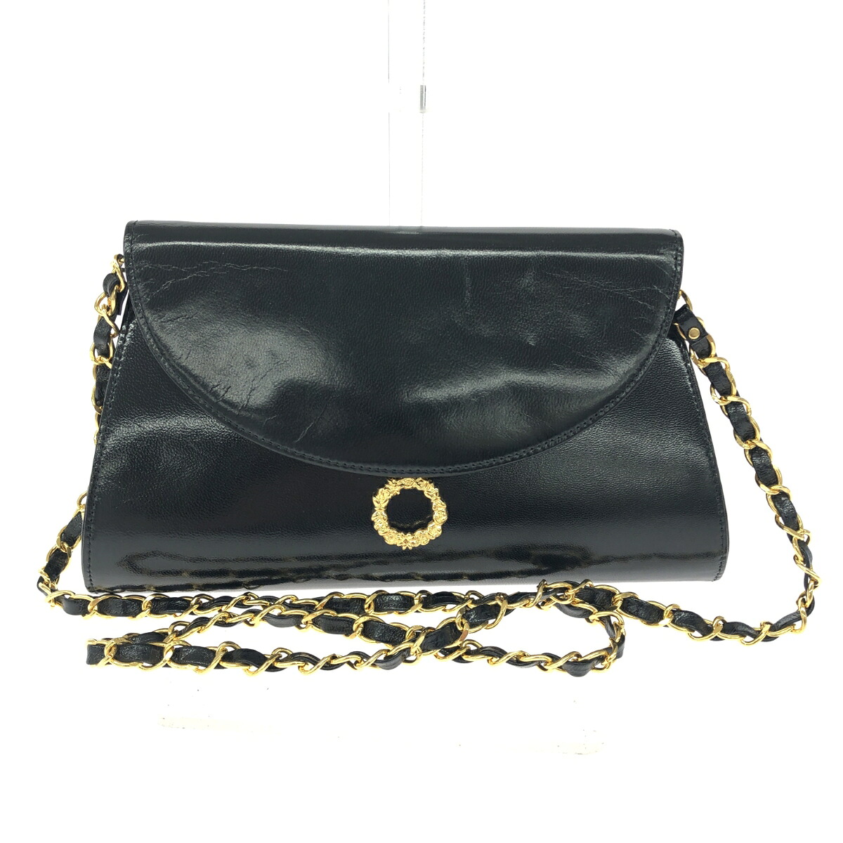 HANAE MORI ハナエモリ チェーンクラッチバッグ サークル金具/レザー ヴィンテージ ブラック レディース【中古】