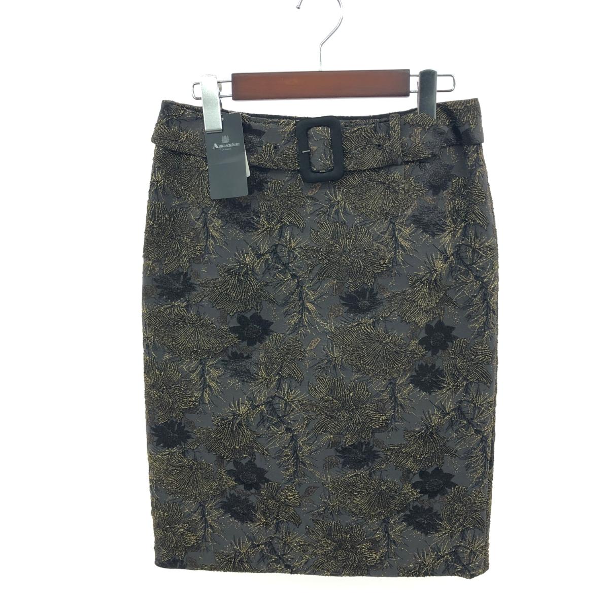 Aquascutum アクアスキュータム ベルテッドジャガードスカート 未使用品 サイズ:10 花柄/タイト ブラック/ゴールド/グレー レディース【中古】