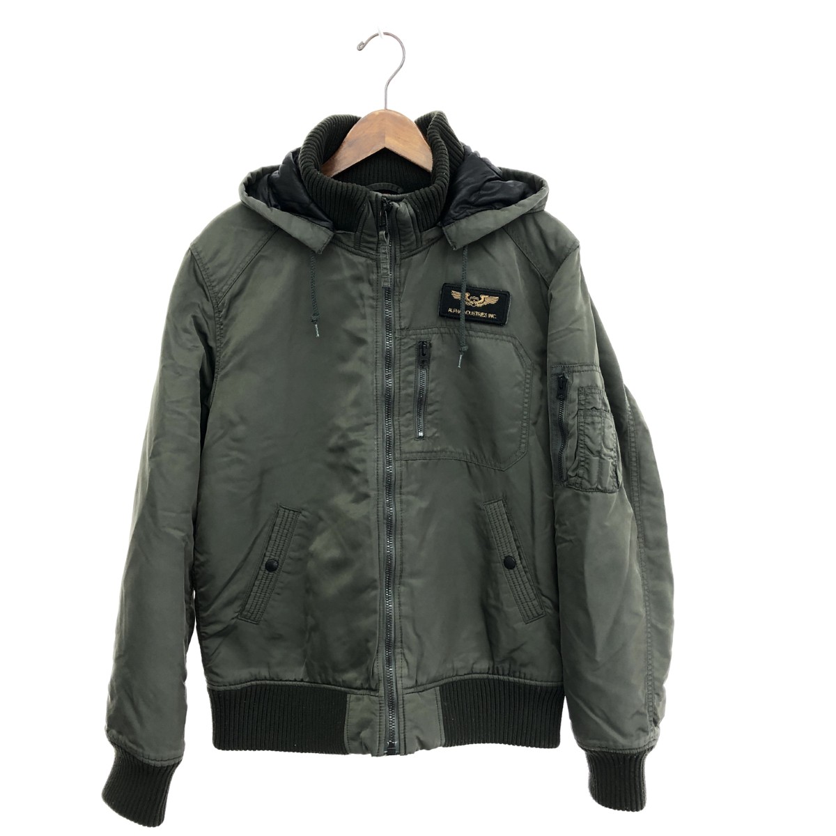 ALPHA INDUSTRIES アルファインダストリーズ フーデッドリブジャケット サイズ:XL ワッペン/ジップ/キルティング カーキ メンズ【中古】|リサイクル ティファナ