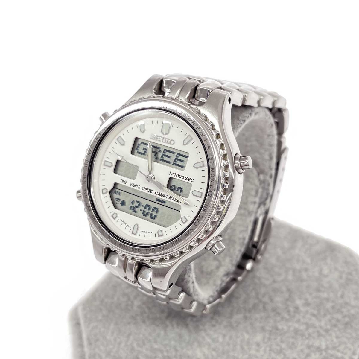 SEIKO セイコー アナデジ腕時計 良好 ワールドタイム/ストップウォッチ H021-8050 シルバーカラー メンズ【中古】