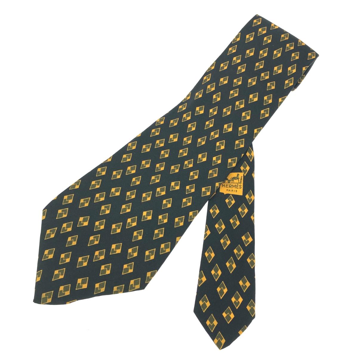 HERMES エルメス ネクタイ シルク100％ ブラック/イエロー メンズ【中古】