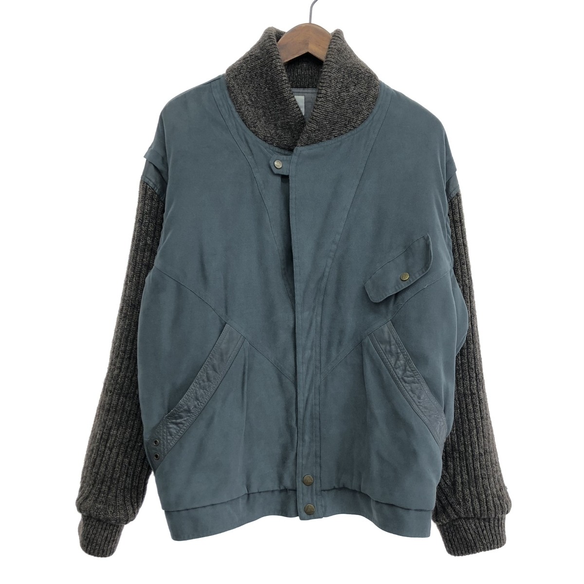 dunhill ダンヒル ニット切替ジャケット 良好 サイズ:3 レザー使用 VINTAGE グレー メンズ【中古】