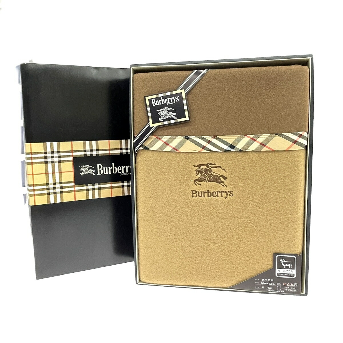 Burberry's バーバリーズ 純毛毛布 美品 140×200 /ブラウン ホースロゴ刺繍/ノバチェック ブラウン ユニセックス【中古】