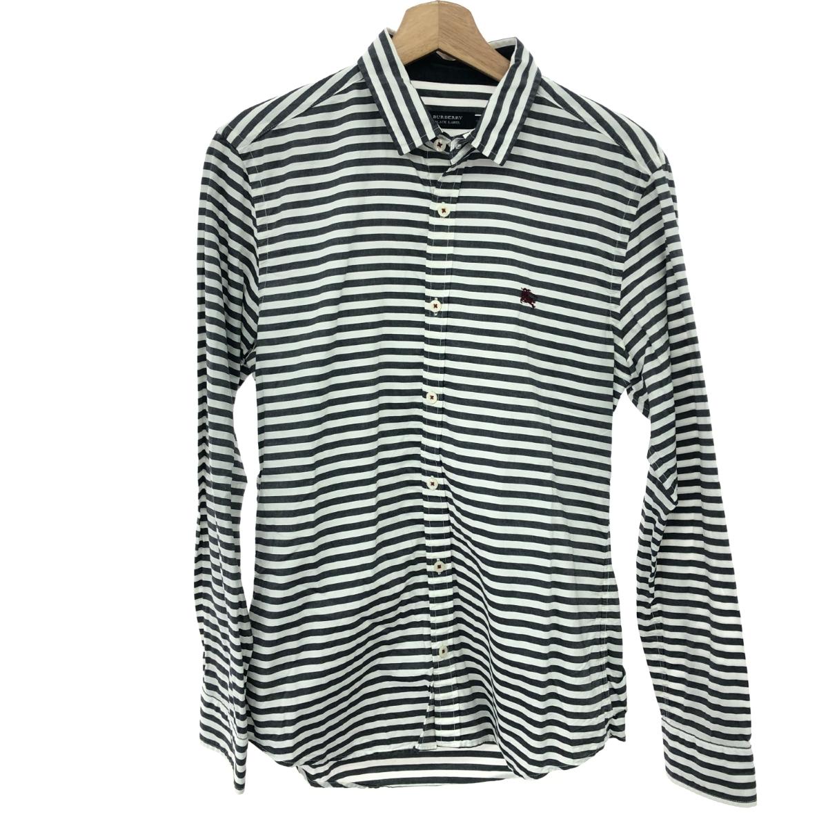 BURBERRY BLACK LABEL バーバリーブラックレーベル 長袖シャツ サイズ:2 ホースロゴ刺?/ボーダー ブラック/ホワイト メンズ【中古】