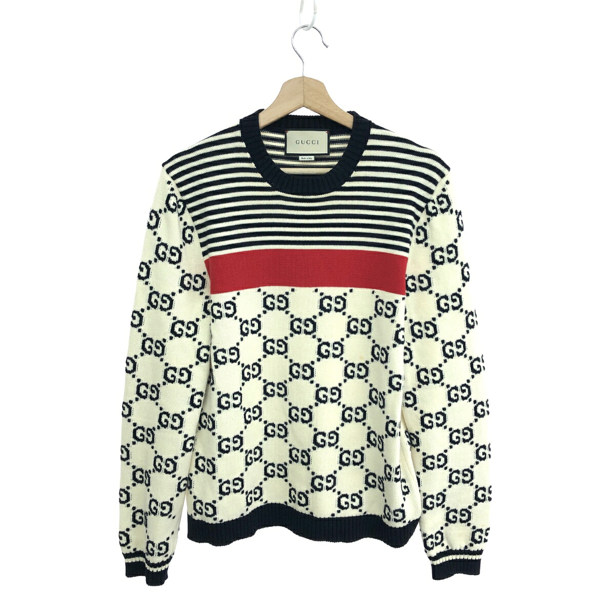 GUCCI グッチ 長袖ニット サイズ:M GG柄/ボーダー 496458 ブラック/ベージュ メンズ【中古】