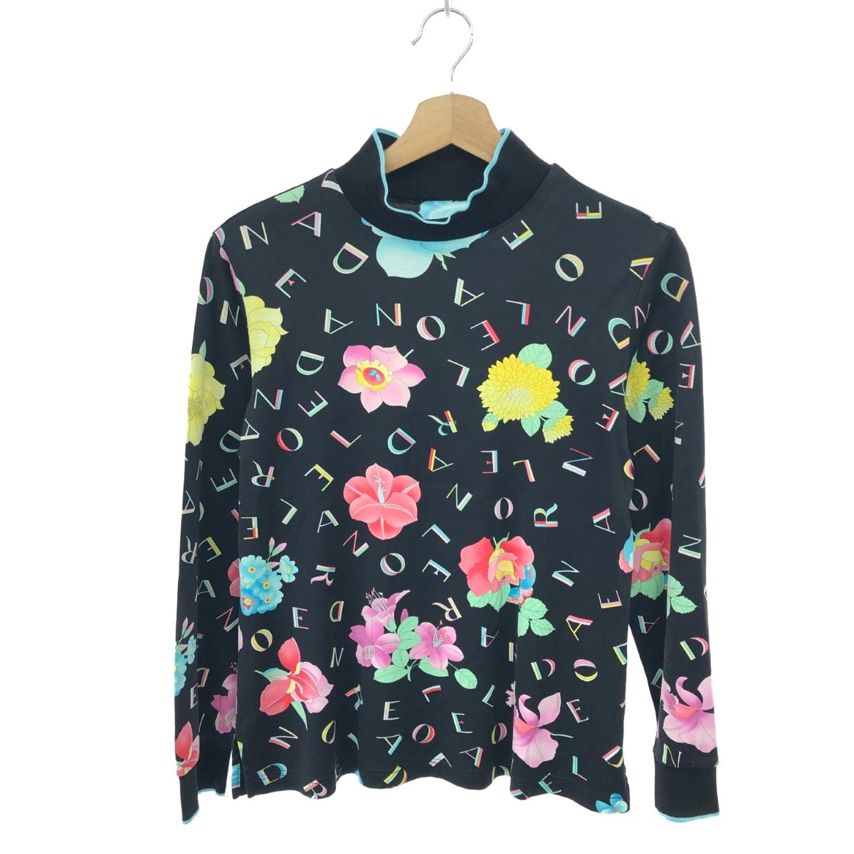 LEONARD SPORT レオナールスポーツ ハイネックカットソー 良好 サイズ:40 総柄/ストレッチ/長袖/花柄×ロゴ    ブラック レディース【中古】