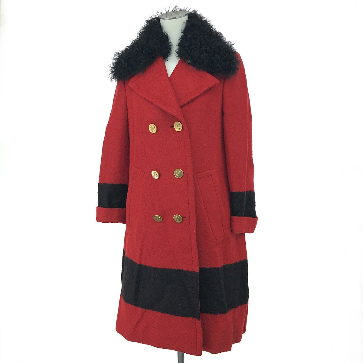 GUCCI グッチ ロングコート サイズ:38 ダブルブレスト/金ボタン/騎士/ファー/アルパカウール ブラック/レッド レディース【中古】｜リサイクル ティファナ 60,500円
