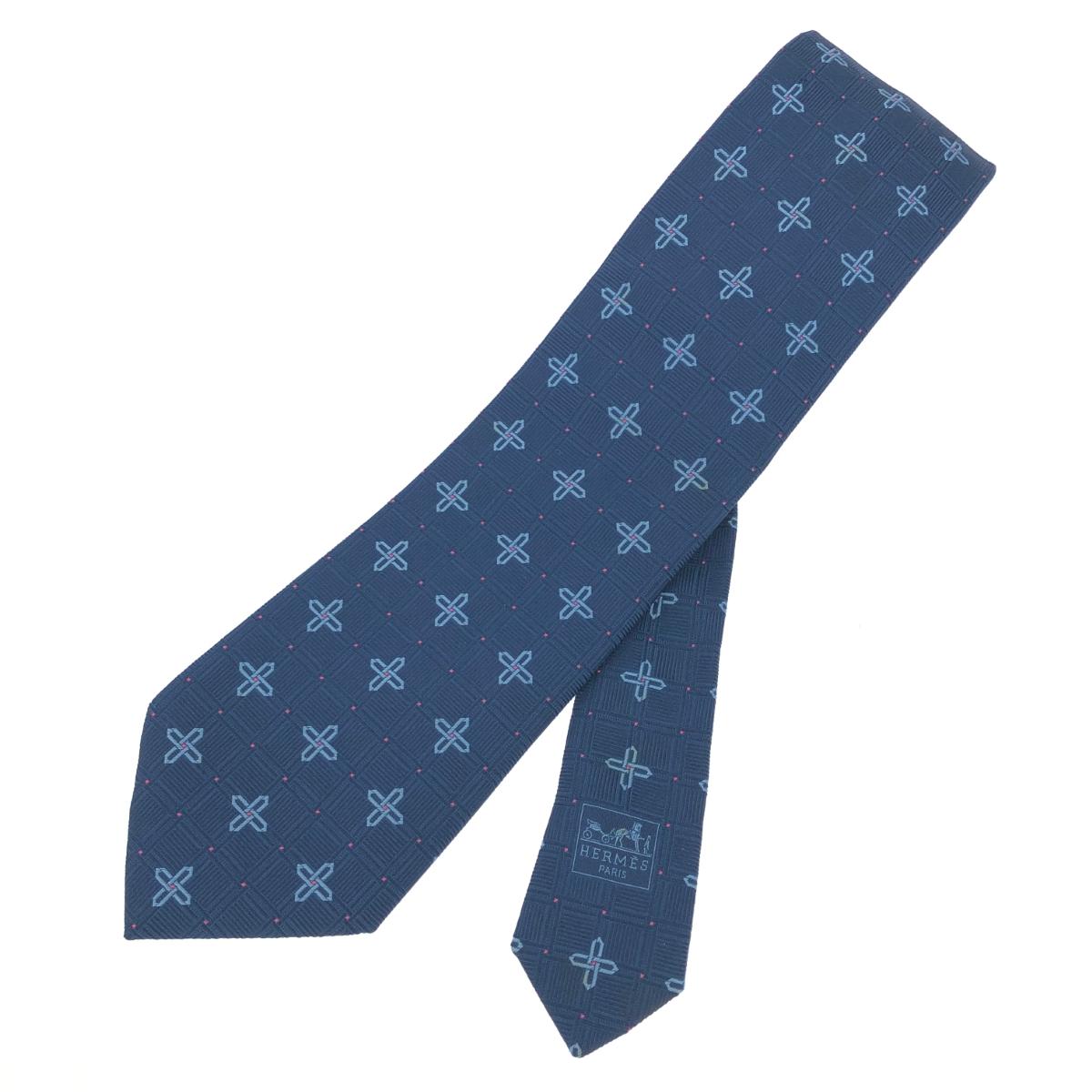 HERMES エルメス タイ   絹地 透かし彫り/十字   米国海軍 メンズ【中古】