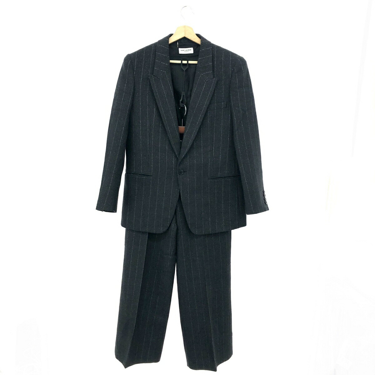 SAINT LAURENT PARIS サンローランパリ シングル前胸部1B縞模様セットアップ  大いさ:48/46  705935   黒いこと/薄墨色 メンズ【中古】