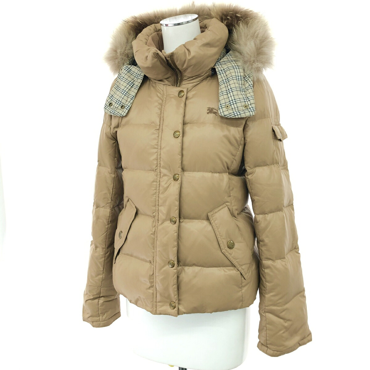 BURBERRY BLUE LABEL バーバリーブルーレーベル 落ち込む上衣  大きさ:38 裏地ノバチェック/ボンネット、毛革付    ベージュ レディース【中古】