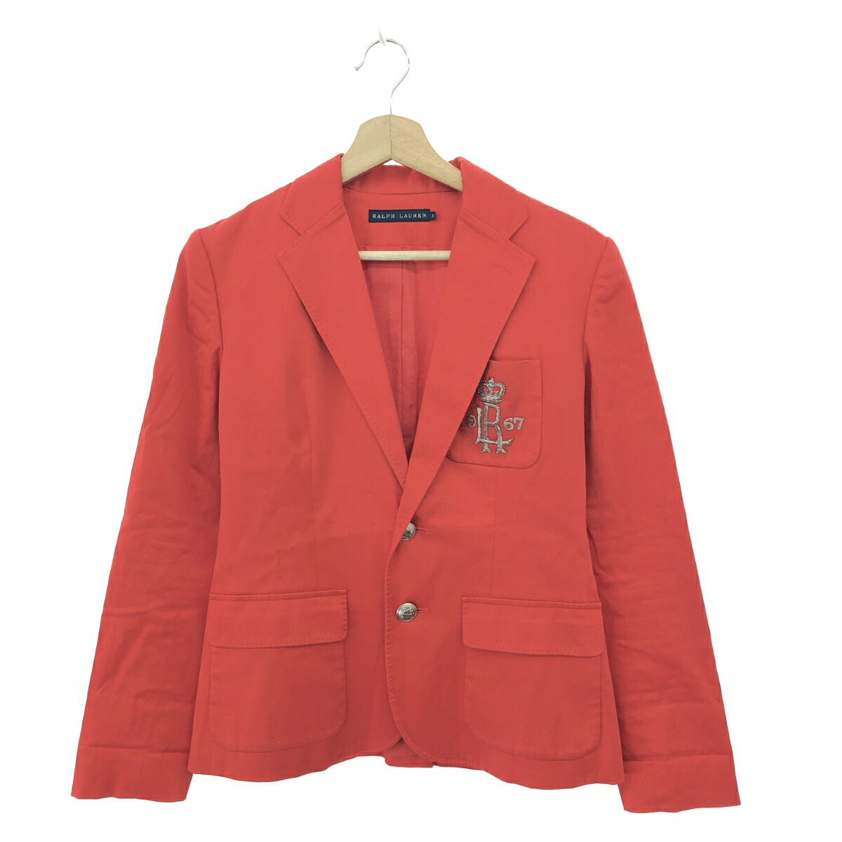 RALPH LAUREN ラルフローレン テーラードジャケット  大いさ:4 旗幟刺しゅう/銀釦   綿織物混 赤いこと レディース【中古】 レディースファッション-コート・ジャケット