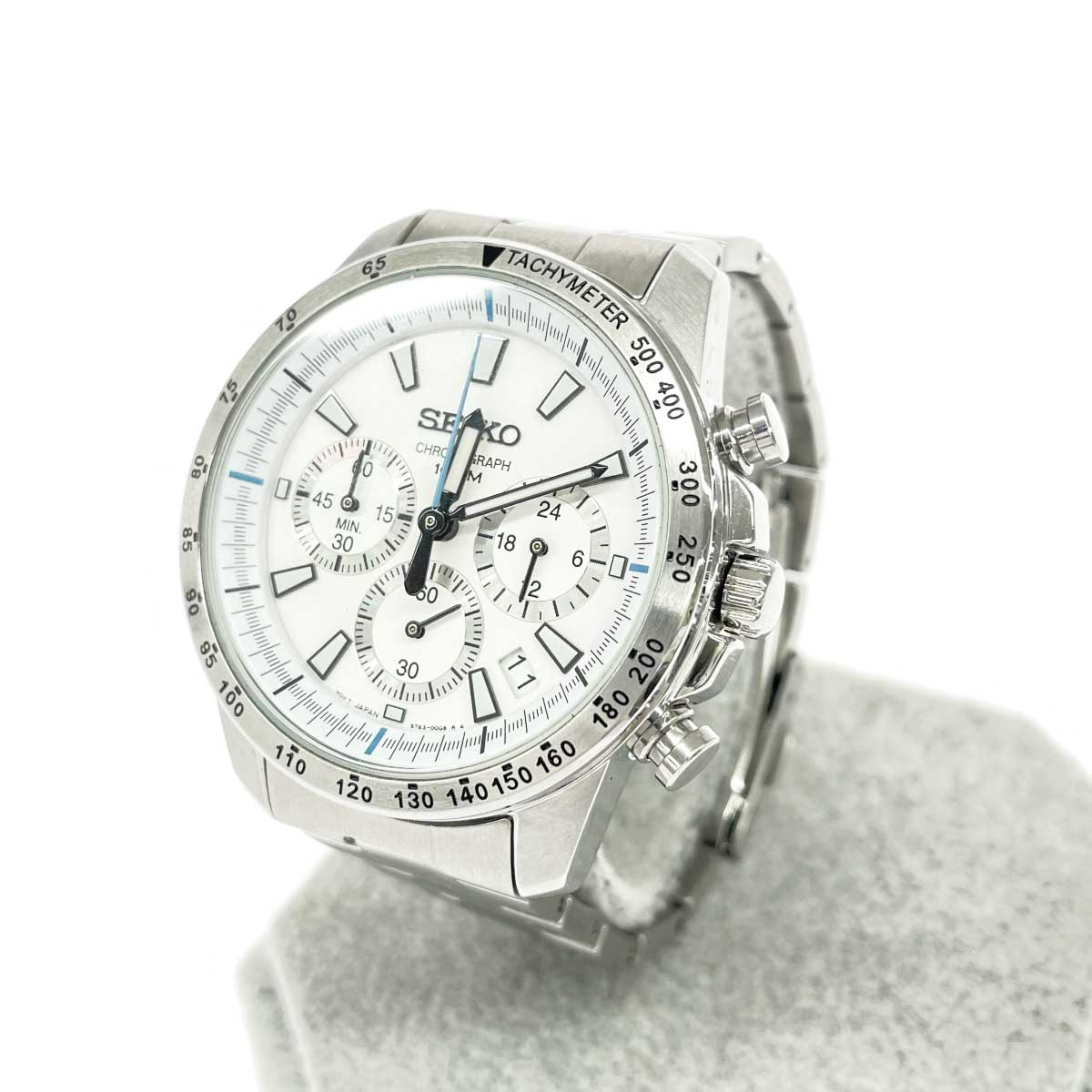 SEIKO セイコー 石英式ウオッチ 好ましい  クロノグラフ/100M/    しろがね色色つや メンズ【中古】