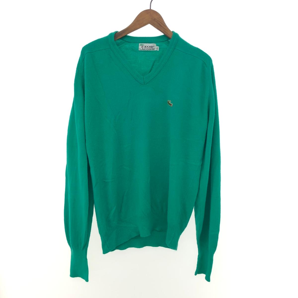LACOSTE ラコステ アイゾットラコステ/長袖Vのど首編み物  大きさ:XL ロゴタイプ紋章/70ｓ/糸巻き引き舟    緑であること メンズ【中古】