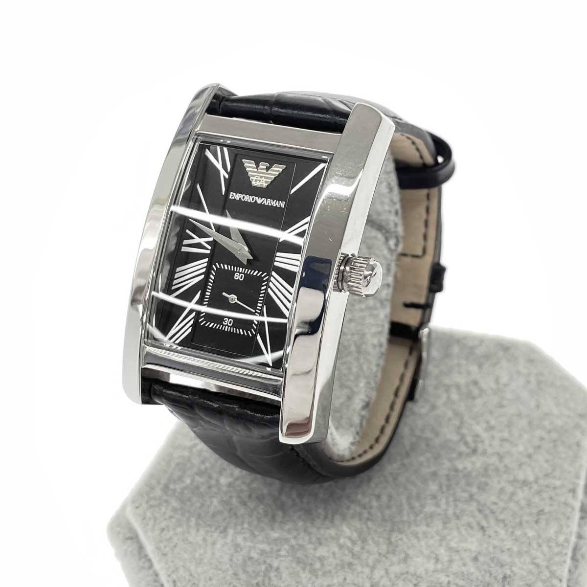 EMPORIO ARMANI エンポリオアルマーニ ウオッチ 石英 好ましい  SS×なめし革/ AR-0143   しろがね色色つや×黒いこと メンズ【中古】