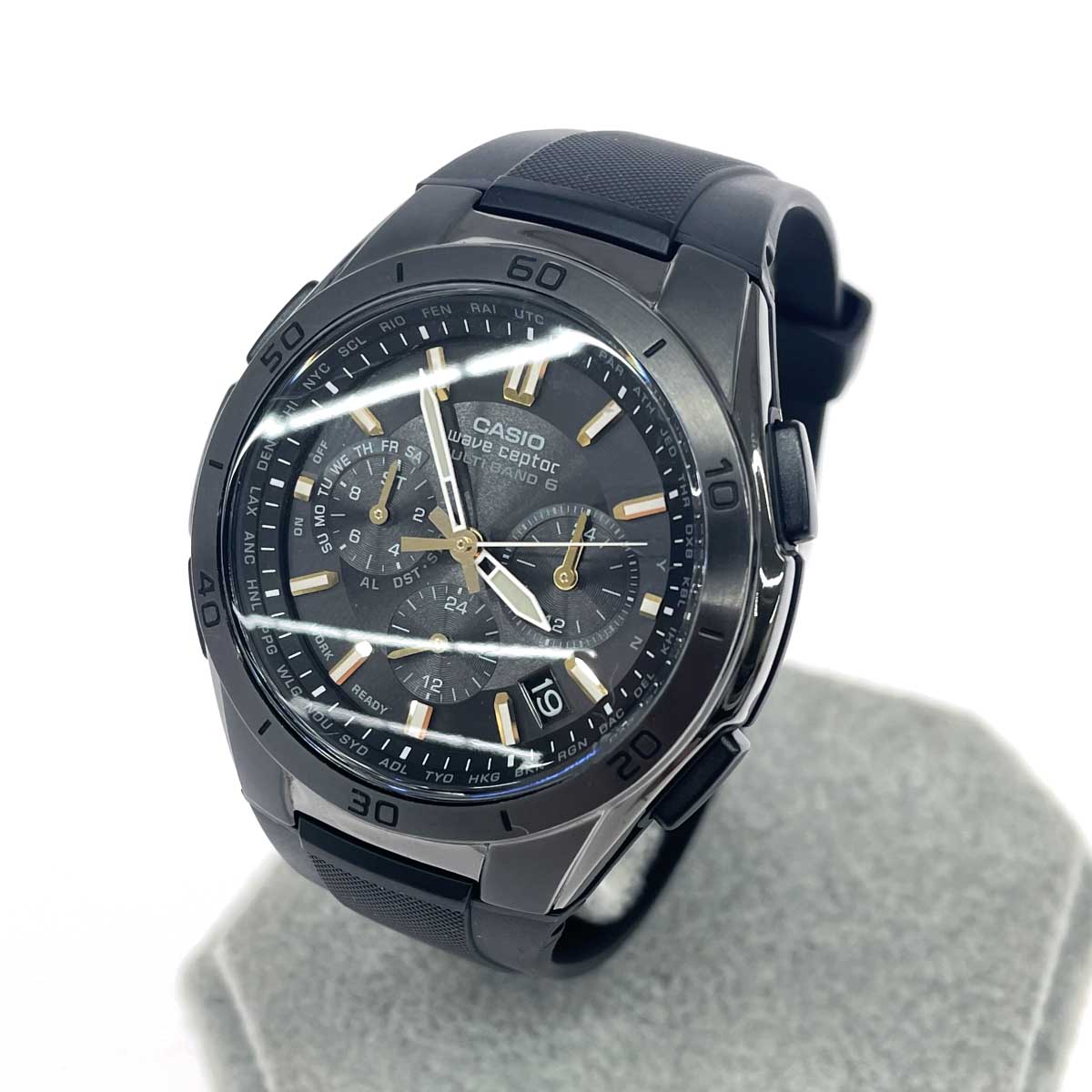 CASIO カシオ ウェーブセプター/電磁波ソーラーウオッチ 思わしい  クロノグラフ/SS×レジン/ WVQ-M410   火器金属元素×黒いこと メンズ【中古】