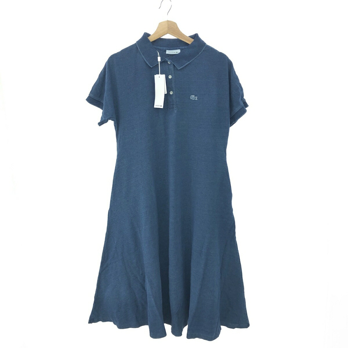 LACOSTE ラコステ 半袖ポロ衣裳 未当て嵌める品 大きさ:34 鹿の子/藍染め/ロゴタイプ紋章/ロング/太陽フレア    米国海軍 レディース【中古】