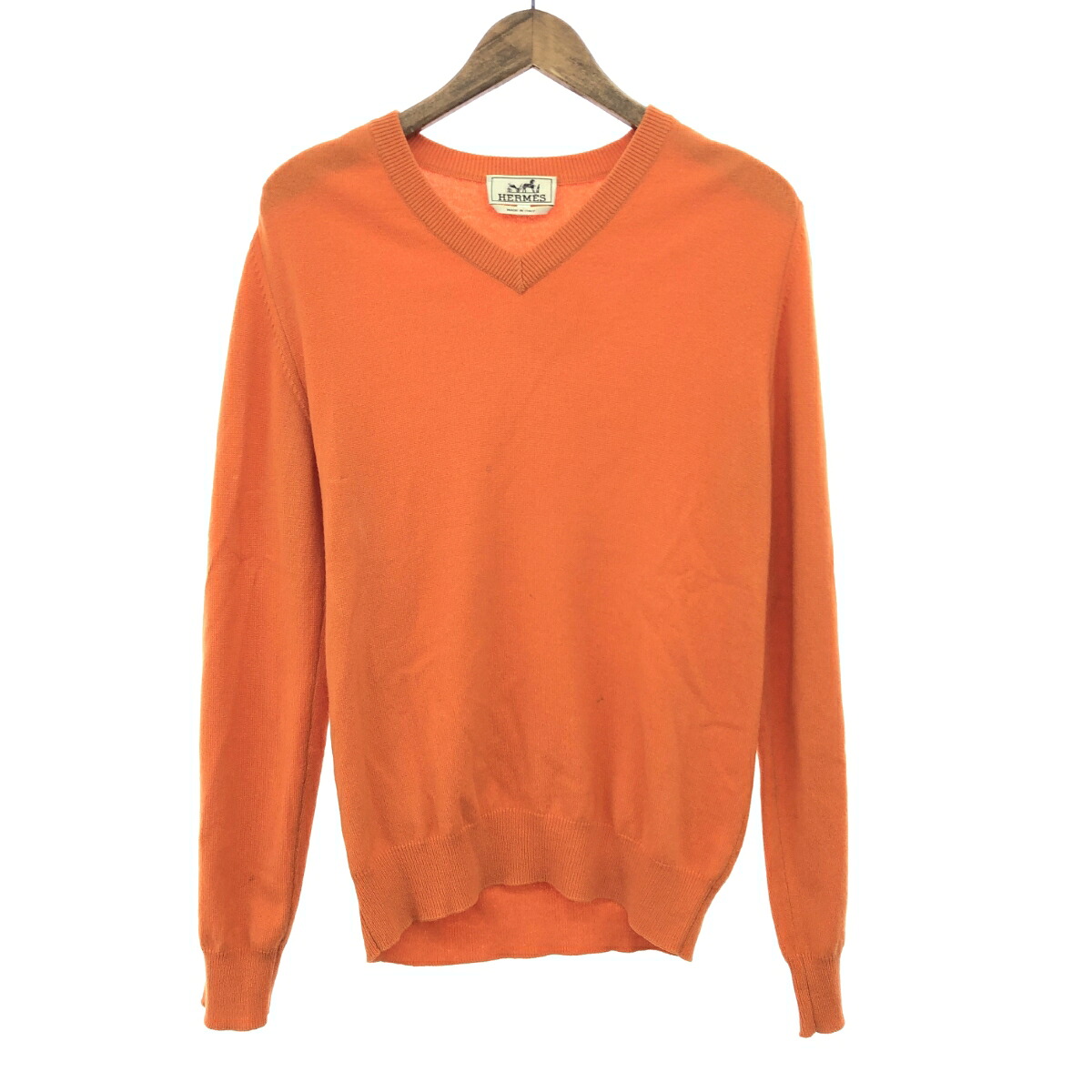 HERMES エルメス V首っ玉編み物  大きさ:XS カシミール100％    オレンジ色 メンズ【中古】