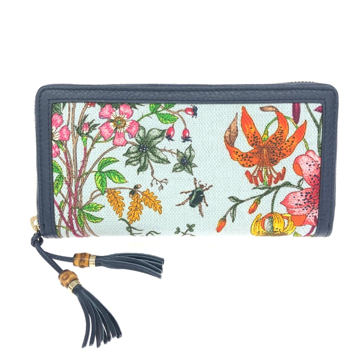 GUCCI グッチ ラウンドジッパー長紙入れ/50周年押さえる 美品  植物相/帆布×なめし革/バンブータッセル 356708   米国海軍/青味 レディース【中古】