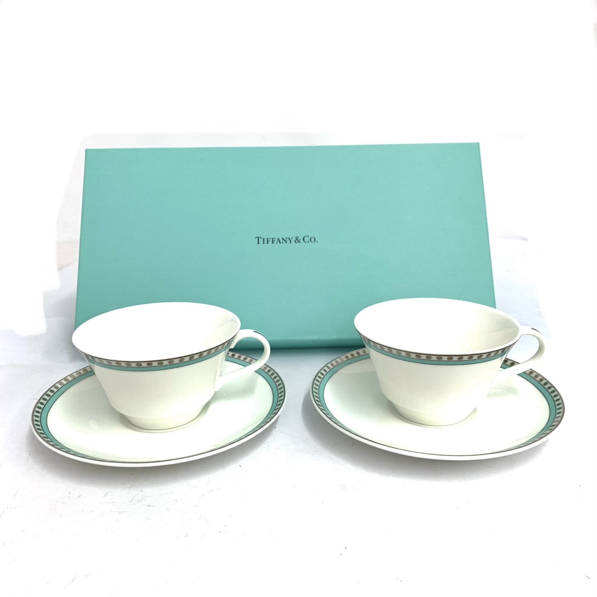 TIFFANY&Co. ティファニー カップ＆ソーサー/ブルーバンド 2客セット ホワイト 【中古】｜リサイクル ティファナ