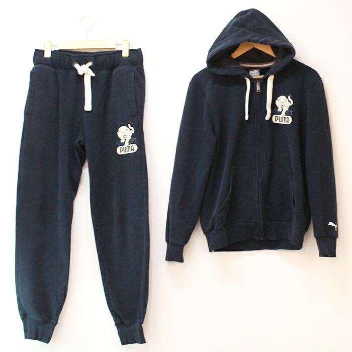 【中古品】PUMA フルジップパーカー・ボトム 上下セット / パーカー:Sサイズ / ボトム:Mサイズ / ネイビー / ピューマプリント / 830678 / 830679 / こすれ・色あせ・ほつれ