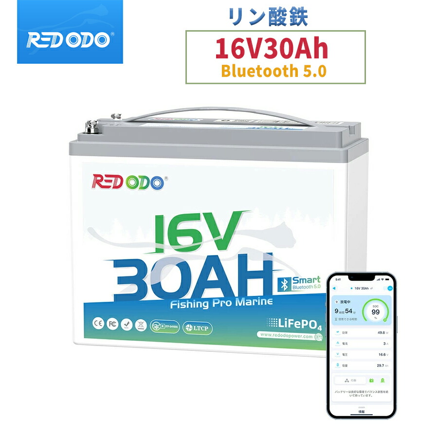 【新商品!Bluetooth&低温保護】Redodo 16V 30Ah リン酸鉄リチウムイオンバッテリー Bluetooth付き 低温保護 アプリ対応 480Wh A級セル 10年寿命 魚群探知機に最適 IP65 太陽光発電