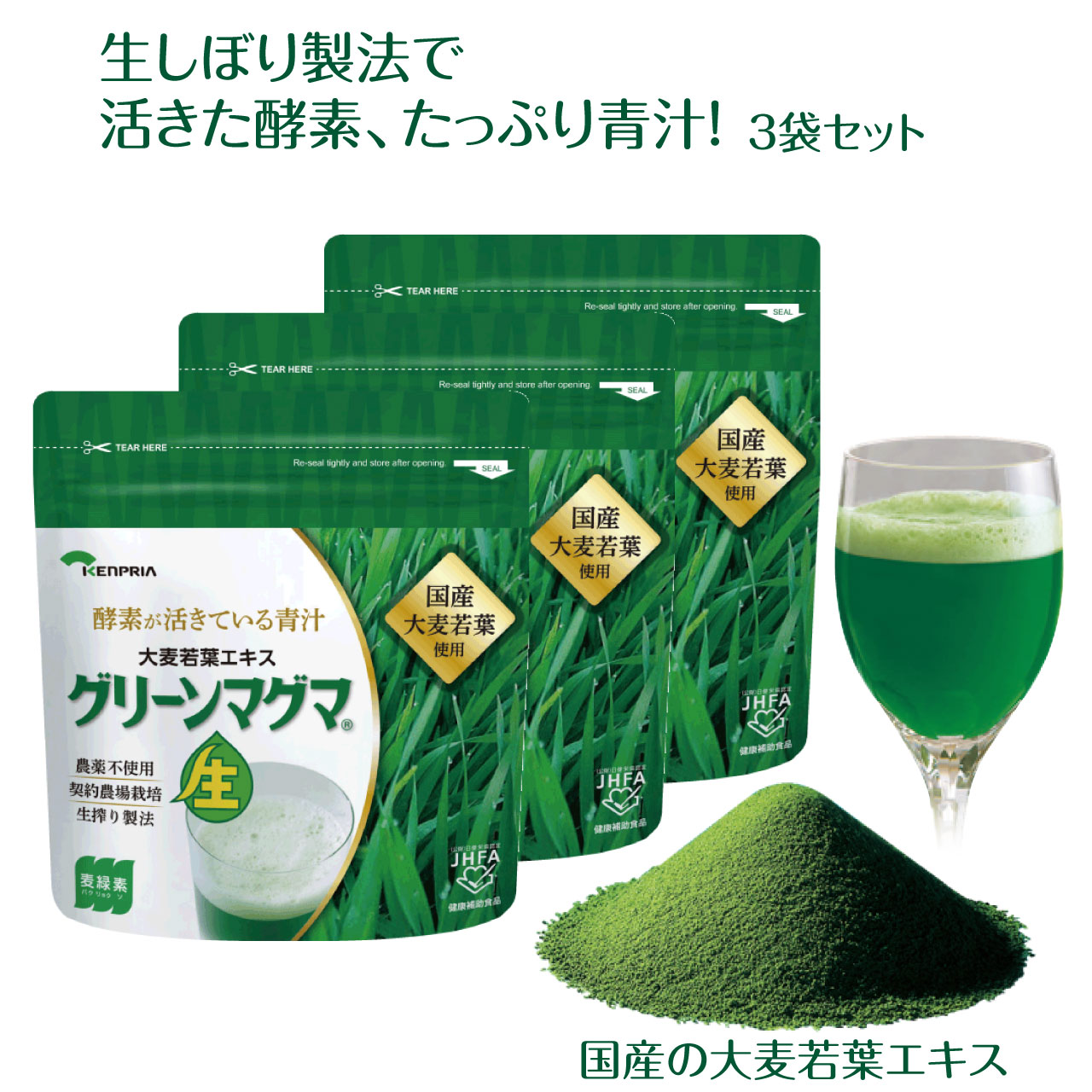 ＼マラソン★4/17(金)9:59まで10％オフクーポン・5倍Pアップ！／グリーンマグマ 170g 3袋セット 青汁 大麦若葉 生しぼり 酵素 ビタミン ミネラル アミノ酸 ポリフェノール 無添加 農薬不使用 健康 おいしい 国産 GMP認定 健康食品 健康補助食品 日本薬品開発 ,