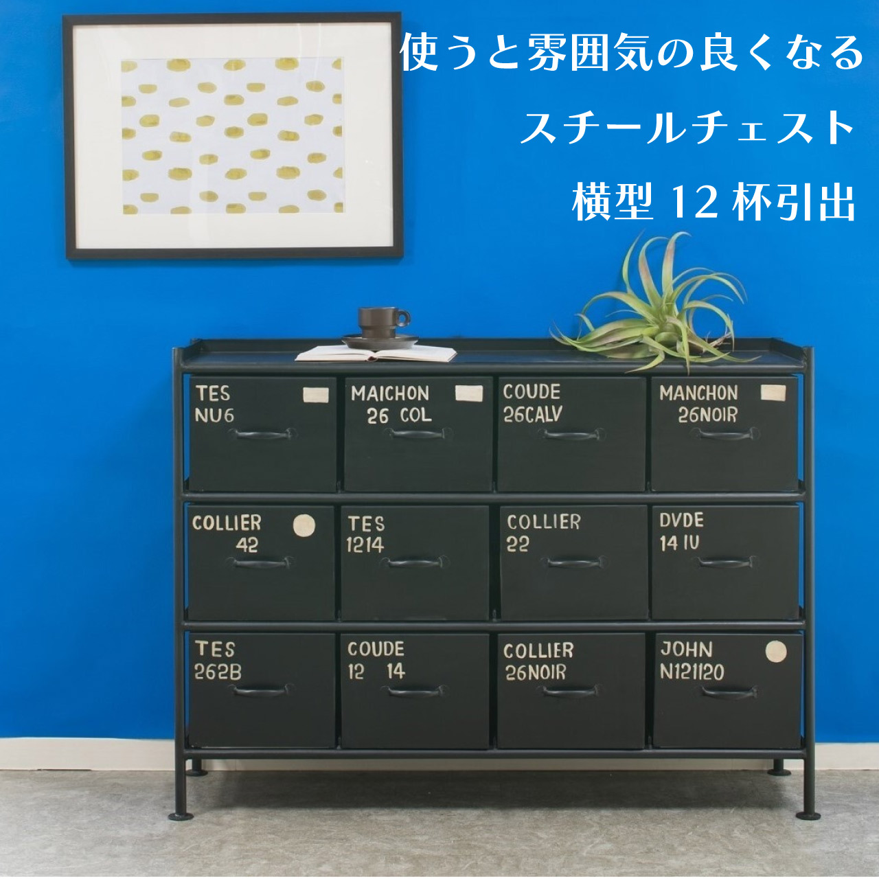 ＼お買い物マラソン★全品ポイント５倍アップ中！／使うと雰囲気の良くなるスチールチェスト ienowa 横型12杯引出チェスト MSG BK 黒いチェスト ヴィンテージ調 収納家具 アイアンチェスト ナンバーペイント 衣類収納 おもちゃ収納 送料無料｜リダクティオ　店