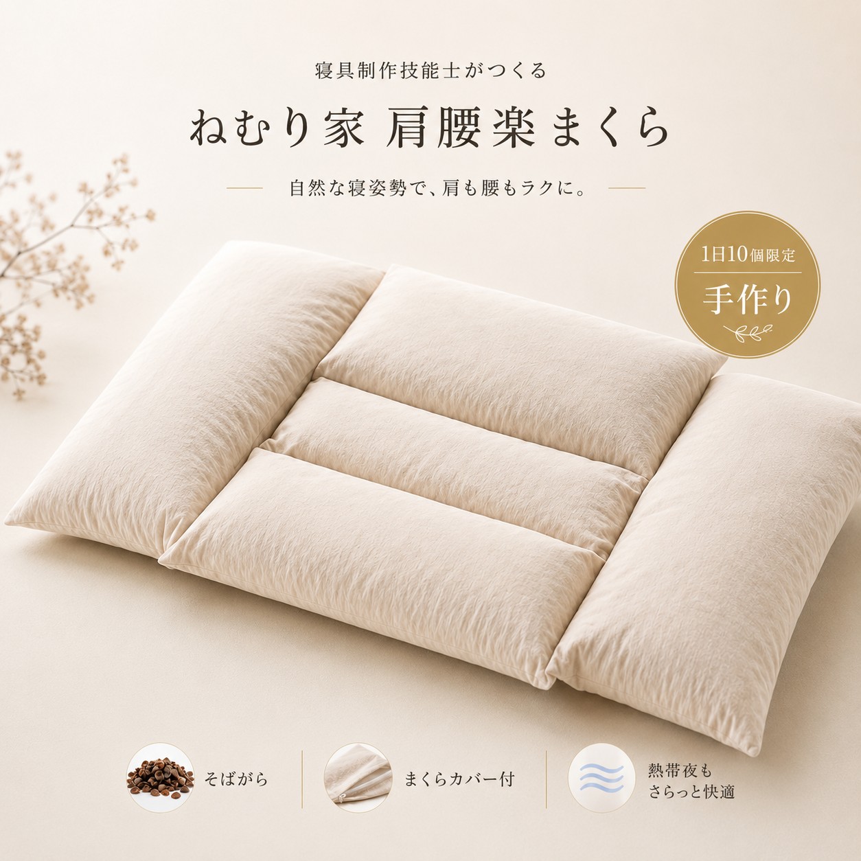 ねむり家 肩腰楽まくら 目の前がら枕 枕 まくら 手作り 日本製 技術者仕立て上げる 寝具仕立て上げる手並み士 まくら取りまかなう付き添い人 高さかい繕う 冷やりとした枕 通気性 夏用 熱帯夜 快眠 首 肩 腰 厄介なもの助け出す 成人男性用 御上さん用 65×45糎 綿100％ 貨物輸送無料