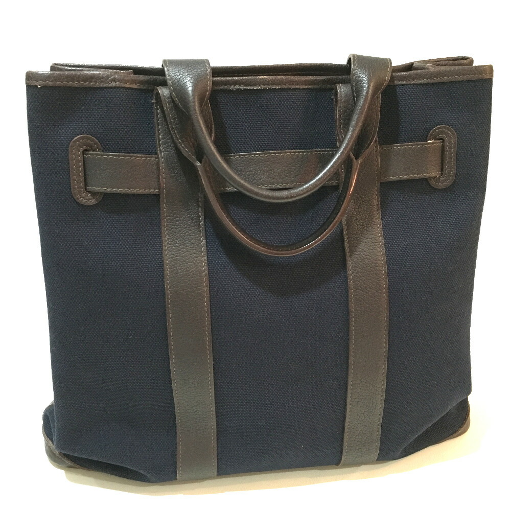 Authentic Hermes Hand Bag Pe Ceinture File Mm Men S Women Tote Navy X Black Toile H Leather