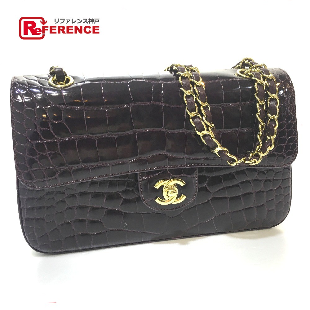 Authentic Chanel Hand Bag Crocodile Double Chain Shoulder Purple Goldhardware
