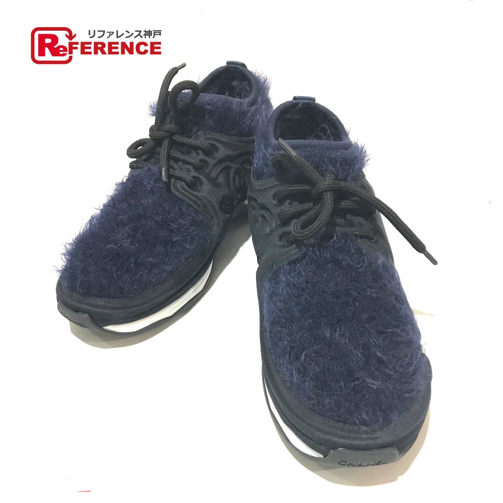 AUTHENTIC CHANEL Women\u0027s Shoes Shoes 18 A Mokomoko sneakers Black/Navy Faux fur/Satin G33729Y52887 Printed 38