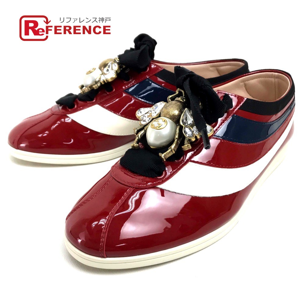 Gucci グッチ 御衣 ウェブ ビー 糸 レディース シューズ スニーカー 発明権なめし革 ファレーサーxビジュー レディース 赤み レッド 未当て嵌める 中古 Odeftg Com