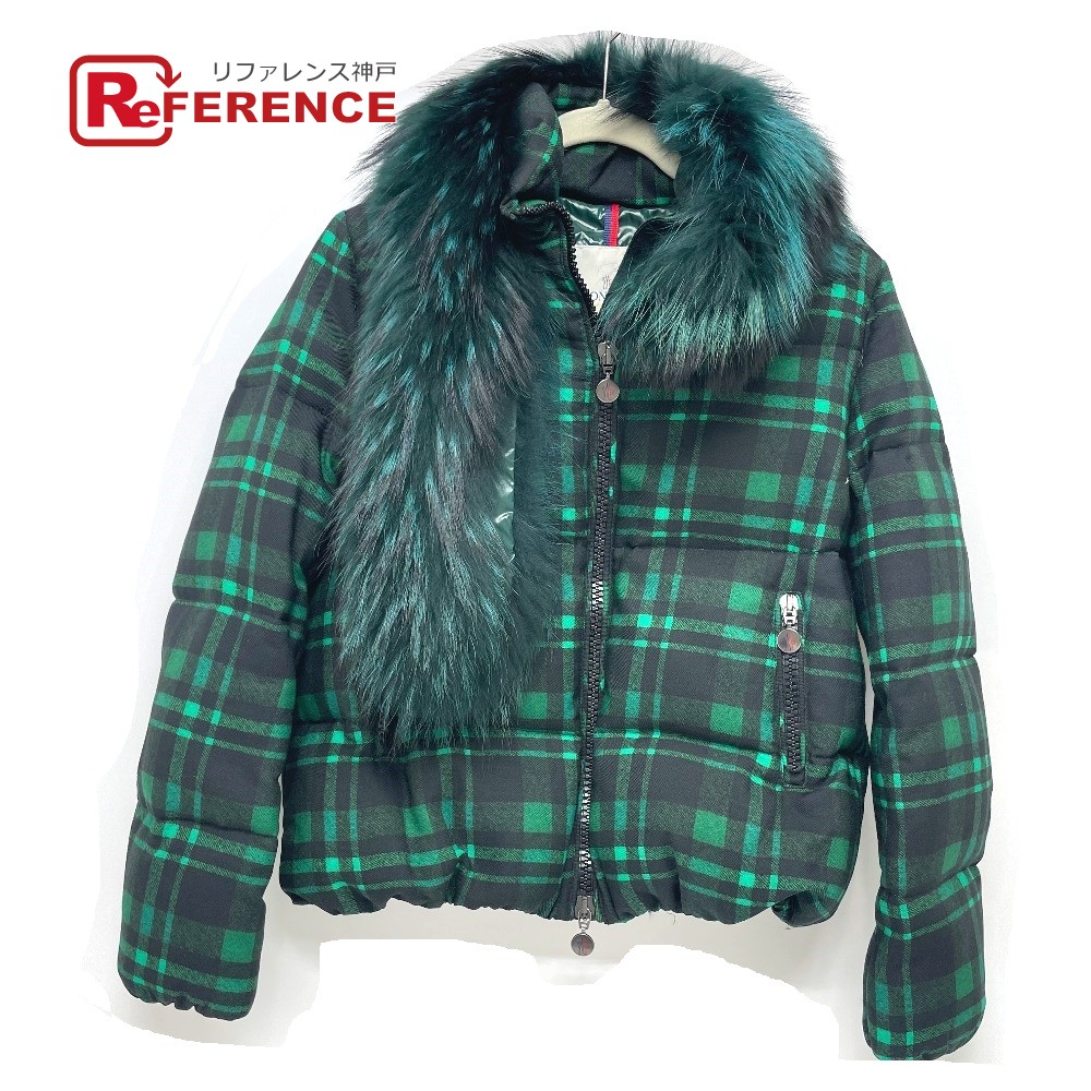 本物保証 Moncler 中古 新品同様 グリーン レディース ファー ウール ダウンジャケット チェック Lievre モンクレール コート ジャケット