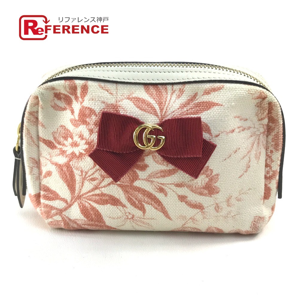 購入 安い 中古良品 白 可愛い ブランド Gucci グッチ ロゴ 花柄 フラワーモチーフ 日本限定 リボン 小物入れ 化粧ポーチ キャンバス レザー レディース ホワイト系 中古 ブランドショップ リファレンス ファッション Wtokyo Jp