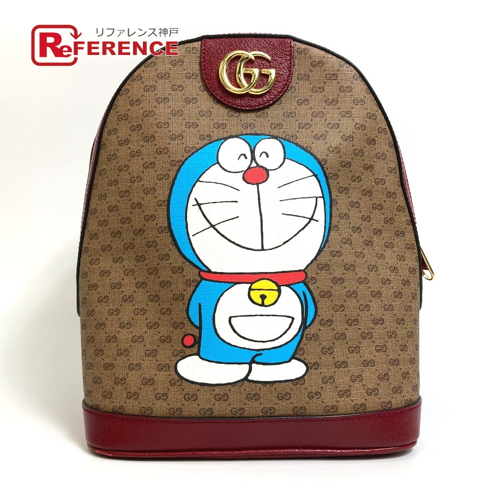 GUCCI グッチ  647816 GGスプリーム ドラえもん x GUCCI スモール うしろ側容器に並べる 袋 背嚢 PVC/なめし革  ユニ一発やる ベージュ×赤いこと 【中古】