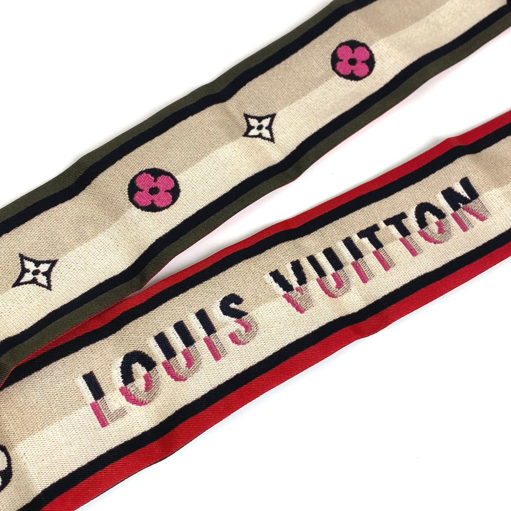 LOUIS VUITTON ルイヴィトン M77315 モノグラム フラワー バンドーBB トロンプ シルク カーキ×レッド×ベージュ 中古 スカーフ  ツイリー ルイユ レディース ＜セール＆特集＞