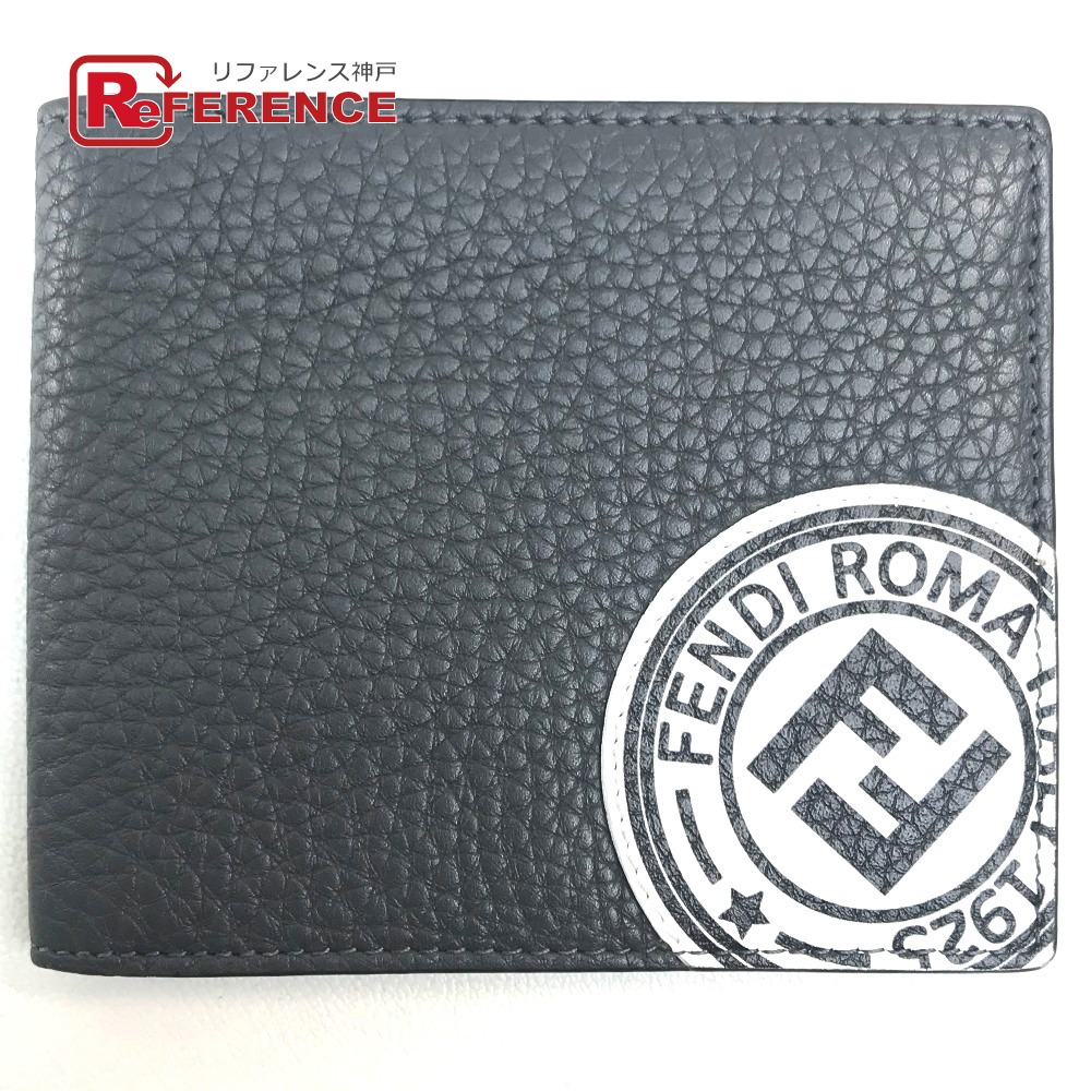 FENDI フェンディ  7M0169 A4NR FFロゴタイプ消し印 コンパクトウォレット  カーフレザー  メンズ 薄墨色 うす暗い薄墨色×白いこと 【中古】