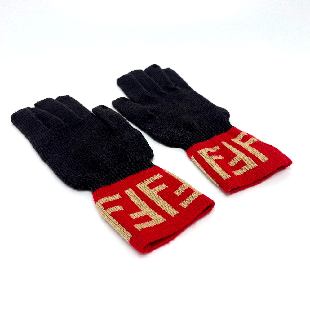 FENDI フェンディ ズッカ ウール グローブ ブラウン系×レッド 未使用