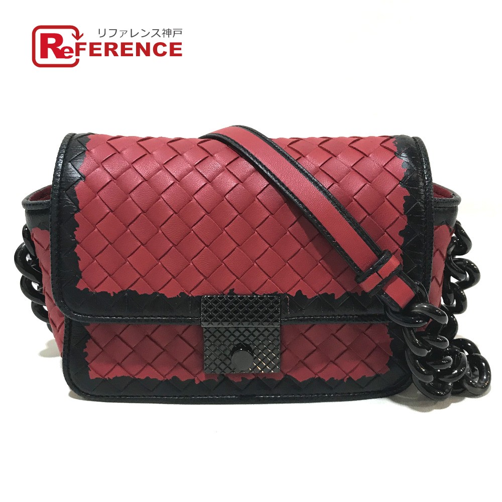 BOTTEGA VENETA ボッテガヴェネタ 339270 イントレチャート ミニチェーン カバン ショルダーバッグ ラムスキン レディース レッド×ブラック 【中古】