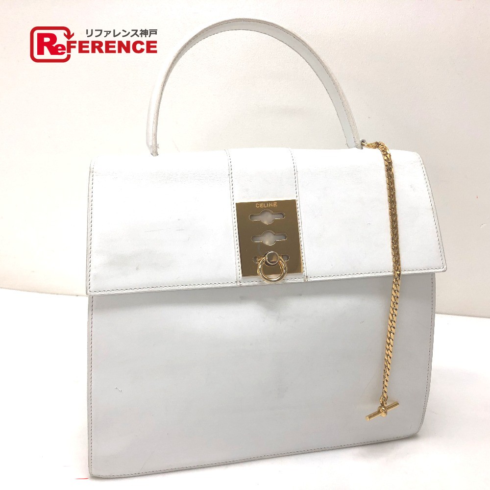 CELINE セリーヌ ヴィンテージ チェーンロック カバン トートバッグ ハンドバッグ レザー レディース ホワイト 【中古】
