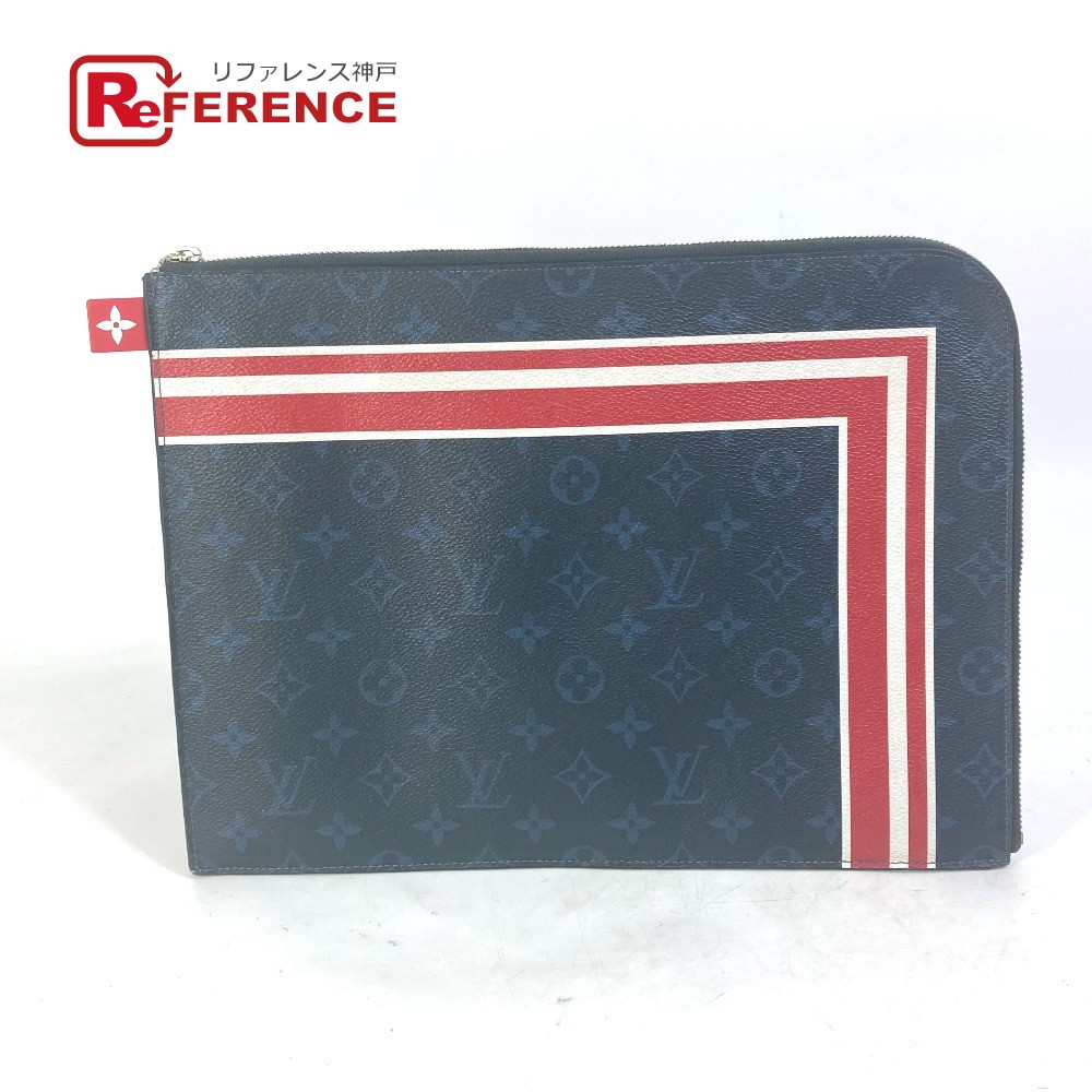 LOUIS VUITTON ルイヴィトン M61679 モノグラム コバルト ポシェットジュールGM ストライプ カバン ポーチ クラッチバッグ キャンバス メンズ ネイビー 【中古】