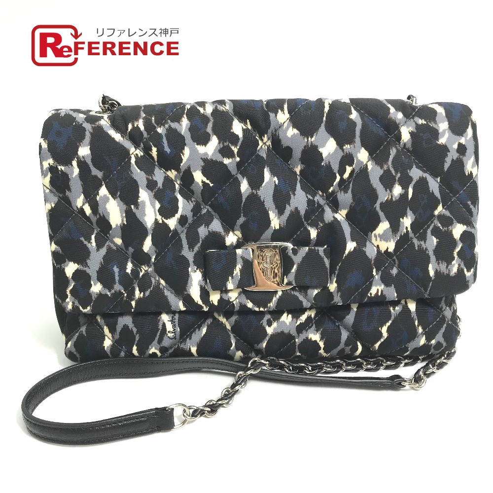 Salvatore Ferragamo サルヴァトーレフェラガモ E834 ヴァラ リボン レオパード チェーン ショルダーバッグ ナイロン/レザー レディース ブラック 【中古】|ブランドショップ リファレンス