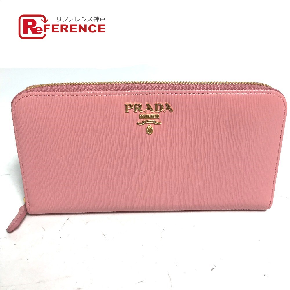 PRADA プラダ  ロゴタイプ ロングウォレット ラウンドジッパー 長紙入れ なめし革  レディース サクラ色 【中古】